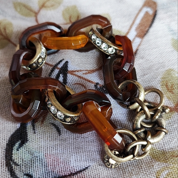 J. Crew Faux Tortoise Link Bracelet Round Oxidized Brass Tone Rhinestone Accents - Picture 3 of 9